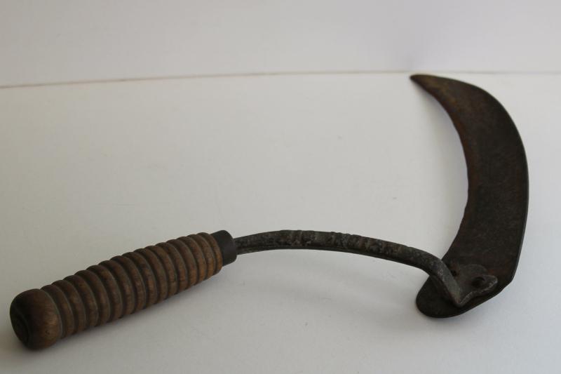 antique farm tool, sickle blade corn or hay knife embossed Big Indian brand