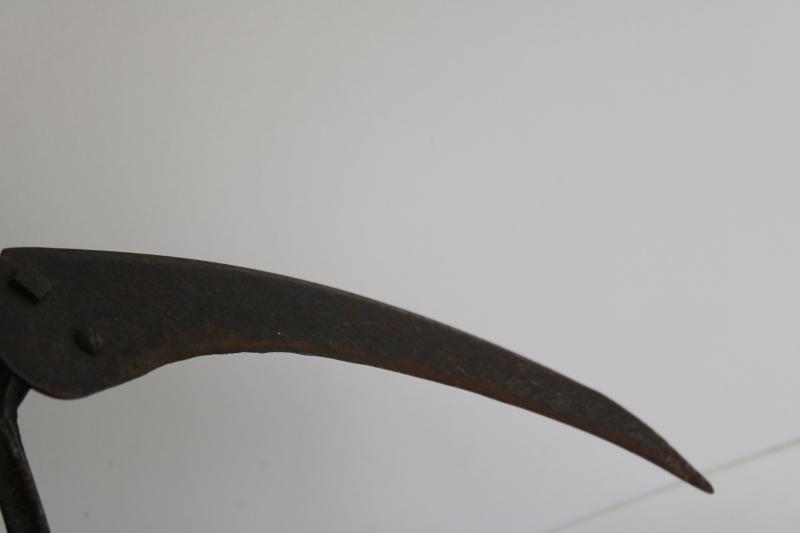 antique farm tool, sickle blade corn or hay knife embossed Big Indian brand