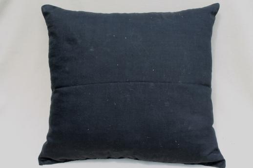 antique feather filled sofa pillow, black sateen cushion w/ embroidered peacock