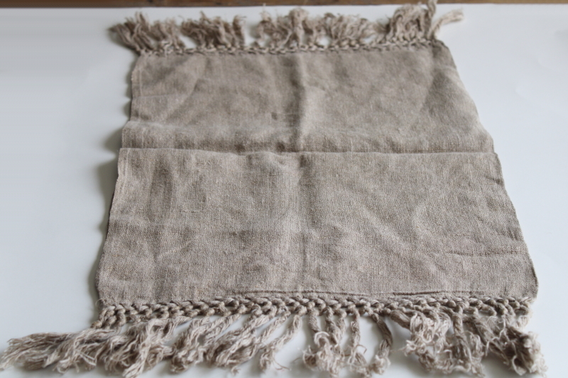 antique flax linen w/ folk art embroidery, fringed table runner or pillow cover 1920s vintage