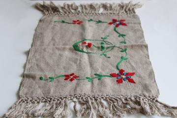 antique flax linen w/ folk art embroidery, fringed table runner or pillow cover 1920s vintage