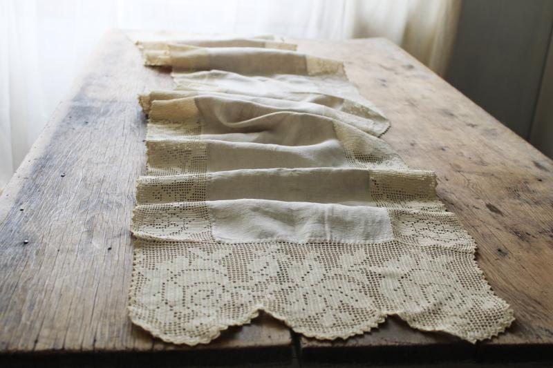 antique flax linen table runner w/ wide cotton crochet lace, vintage farmhouse