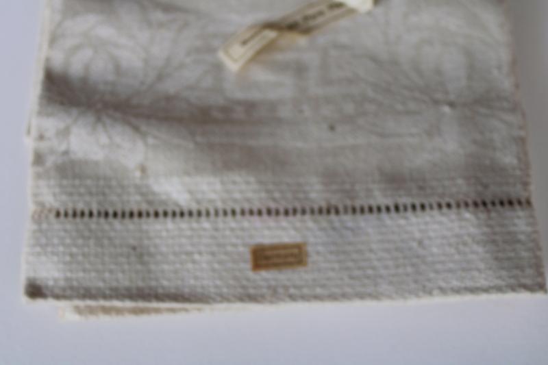 antique flax linen towel w/ original paper label Germany, hemstitched huck damask