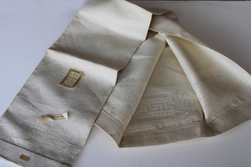 antique flax linen towel w/ original paper label Germany, hemstitched huck damask