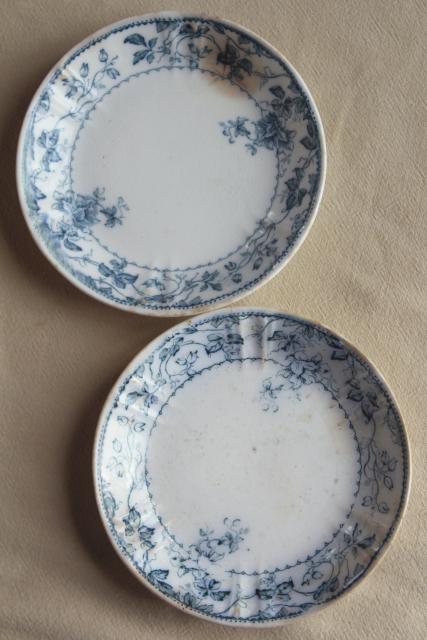 antique flow blue and white china, English Victorian era bowls & saucer plates