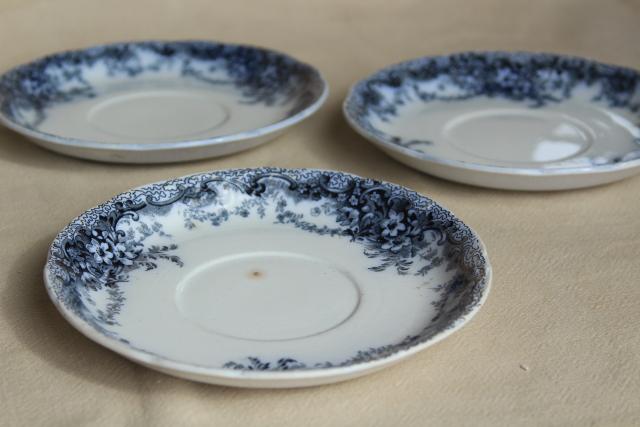 antique flow blue and white china, English Victorian era bowls & saucer plates