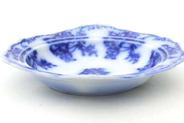 antique flow blue china, Claremont Johnson Bros embossed plate for round covered butter dish