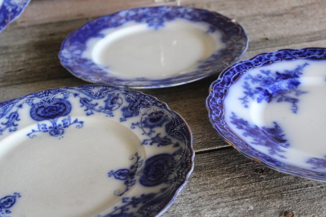 antique flow blue china salad or dessert plates, English transferware 1800s vintage