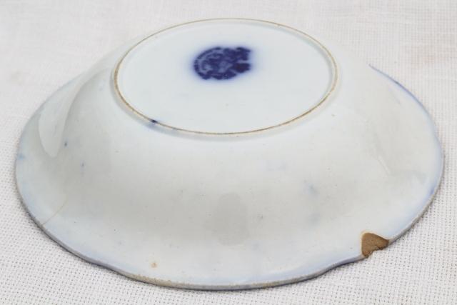 antique flow blue china serving bowl w/ Oriental scene, 1800s vintage English Staffordshire