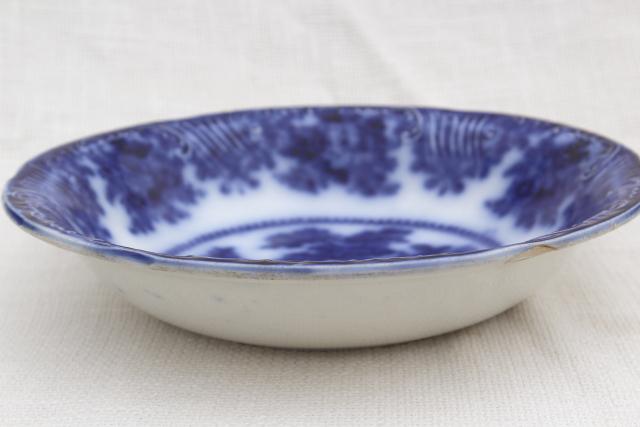 antique flow blue china serving bowl w/ Oriental scene, 1800s vintage English Staffordshire