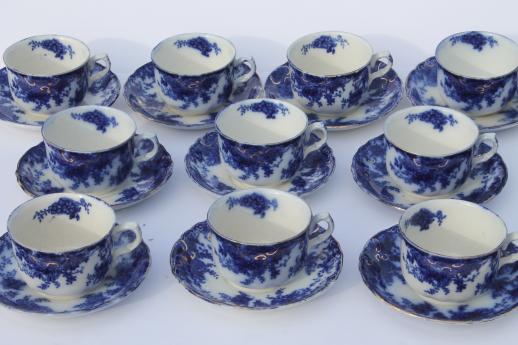 antique flow blue china, set of 10 cups and saucers, unmarked English Staffordshire 1880s?