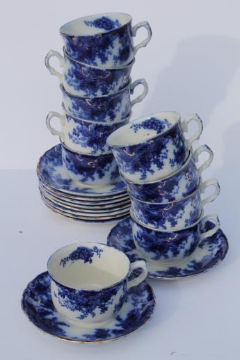 antique flow blue china, set of 10 cups and saucers, unmarked English Staffordshire 1880s?