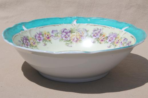 antique flowered china, lot of large bowls - shabby cottage chic painted floral dishes