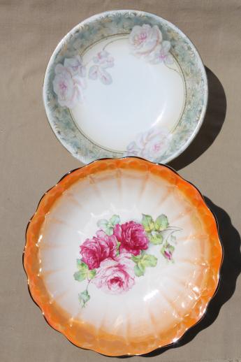 antique flowered china, lot of large bowls - shabby cottage chic painted floral dishes