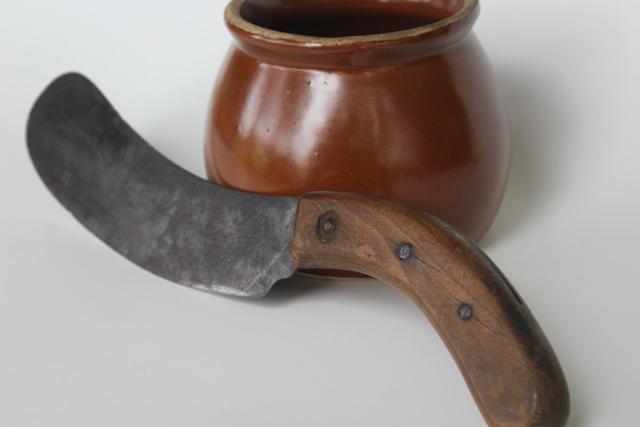 antique forged steel knife w/ curved rocking blade, vintage French kitchen chopper mezzaluna