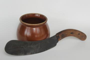 antique forged steel knife w/ curved rocking blade, vintage French kitchen chopper mezzaluna