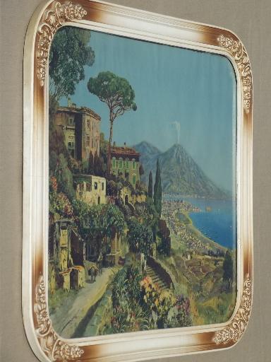 antique framed print At Vesuvius, vintage colored print Bay of Naples Italy