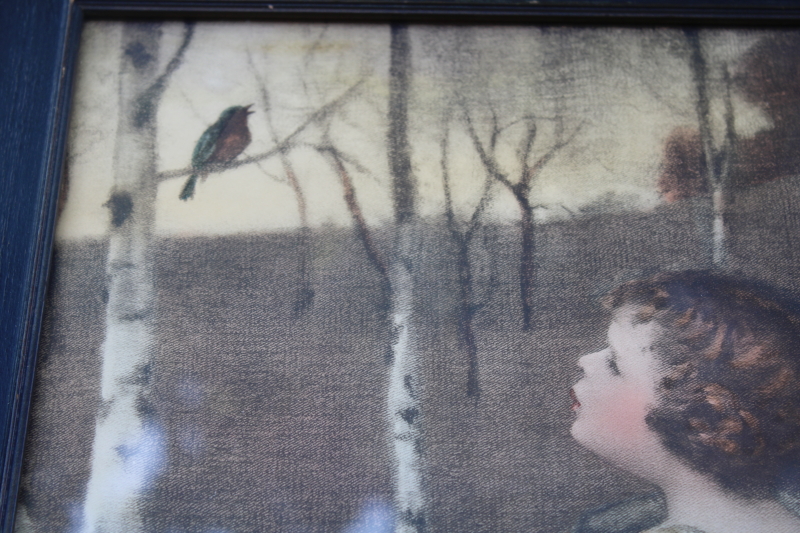 antique framed print Spring Song little girl in the garden, tree w/ bird