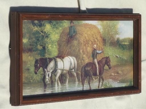 antique framed print - hauling hay, horse drawn wagon haystack pastoral