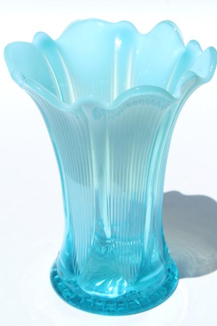 antique french blue opalescent glass vase, vintage Jefferson lined heart pattern glass