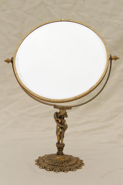 antique french country style vanity mirror w/ bronze gold gilded metal lady figure