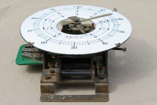 antique french industrial meter, steampunk vintage measuring tool w/brass gears & porcelain dial
