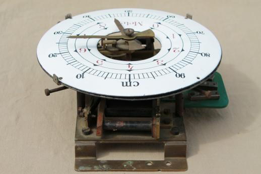 antique french industrial meter, steampunk vintage measuring tool w/brass gears & porcelain dial