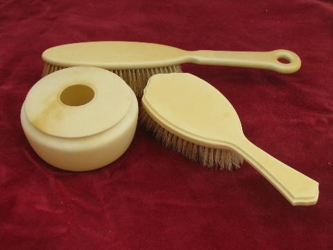 antique french ivory celluloid vintage vanity box, natural bristle brushes