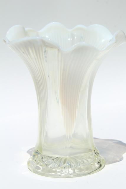 antique french white opalescent glass vase, vintage Jefferson lined heart pattern glass