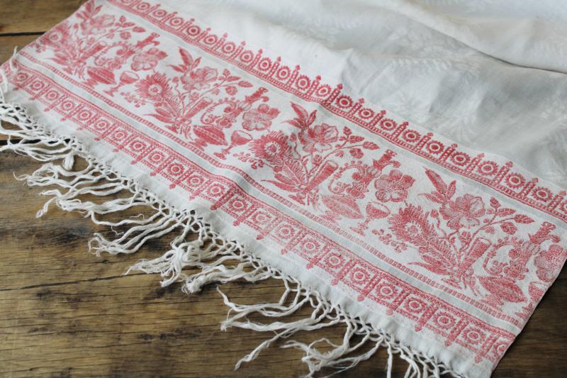 antique fringed linen damask towels w/ turkey red borders, show towel table runners