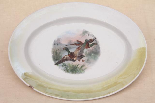 antique game birds china plate w/ flying ducks, shabby old Thanksgiving / Christmas platter