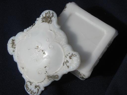 antique gilt edged milk glass, vintage vanity perfume trays, powder box