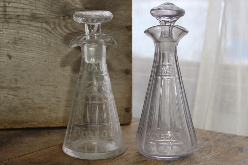 antique glass bottles, oil and vinegar etched glass EAPG cruets vintage 1914
