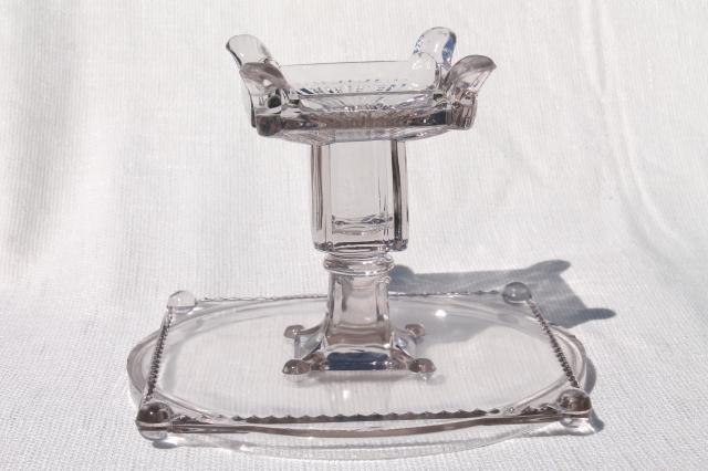 antique glass cake stand, circle in square EAPG vintage early 1900s pedestal plate