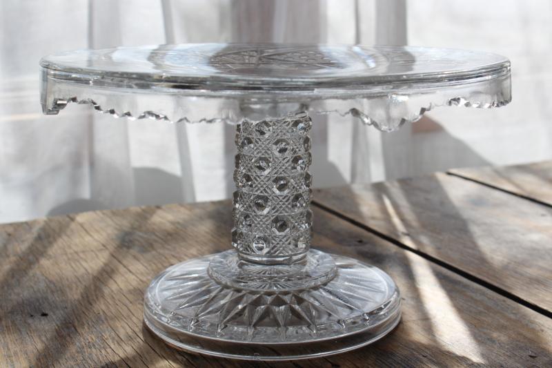 antique glass cake stand, heavy pressed glass McKee sunbeam pattern vintage 1900