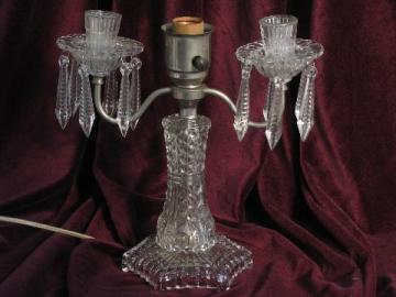 Vintage Art Deco Depression Era Clear Pressed Glass Candlestick Lamp Table Dresser Desk Boudoir Vanity Retro Lamp w Fabric Lampshade