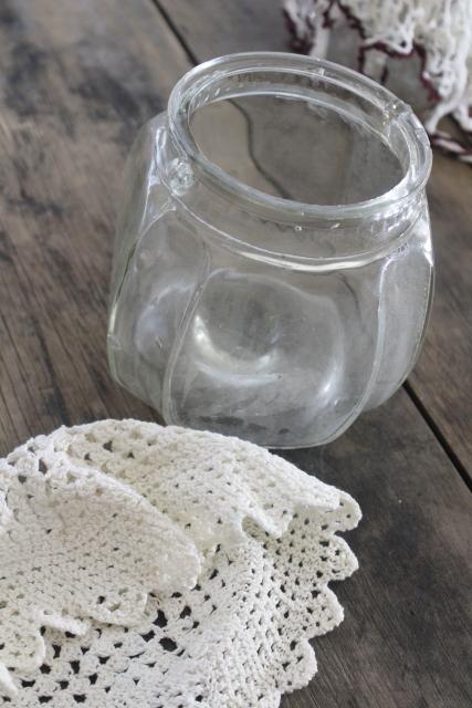 antique glass canister jars, vintage store counter candy barrels w/ crochet lace fly covers