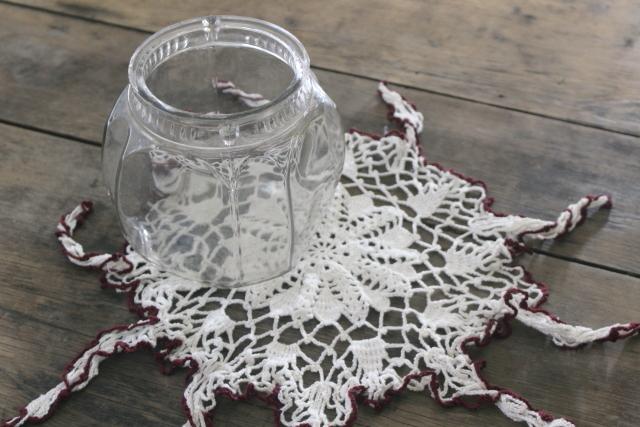 antique glass canister jars, vintage store counter candy barrels w/ crochet lace fly covers