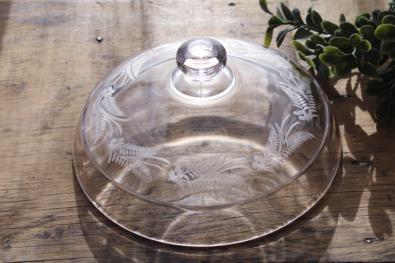 antique glass dome plate cover, early 1900s vintage etched glass fern