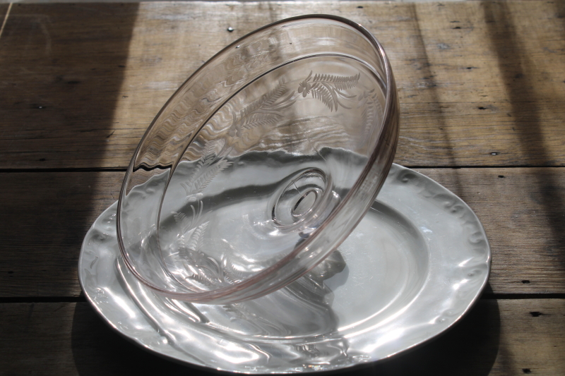 antique glass dome plate cover, early 1900s vintage etched glass fern