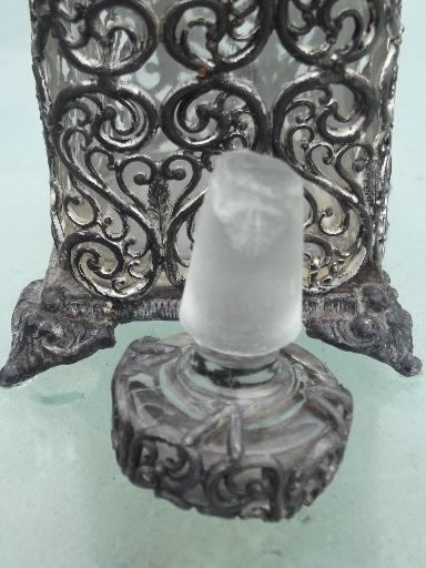 antique glass scent bottle w/ metal filigree, vanity table eau de cologne