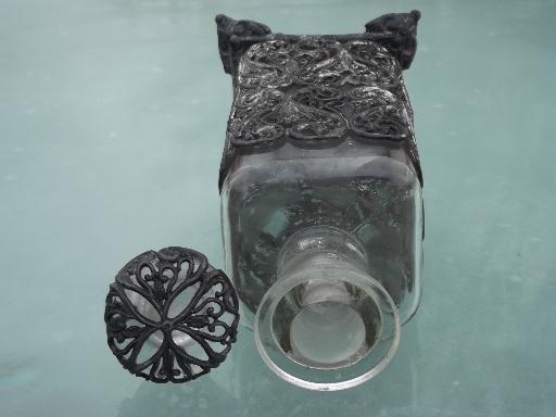 antique glass scent bottle w/ metal filigree, vanity table eau de cologne