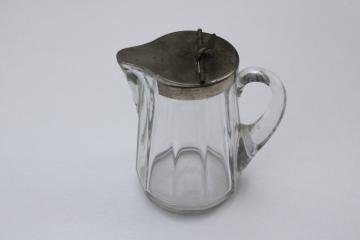 antique glass syrup pitcher w/ metal lid, blown and pressed glass panel pattern
