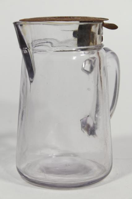 antique glass syrup pitchers w/ metal lids, turn of the century vintage glassware