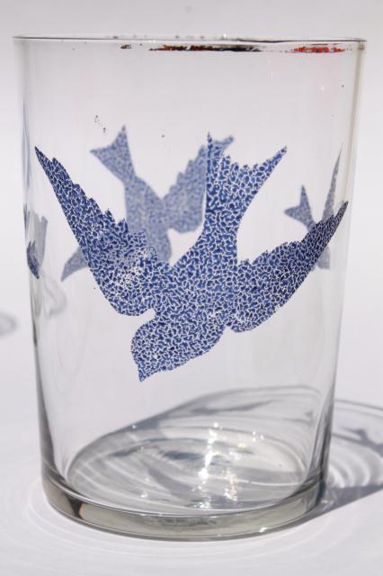 antique glass tumblers, vintage drinking glasses w/ bluebirds or flying swallow birds in blue