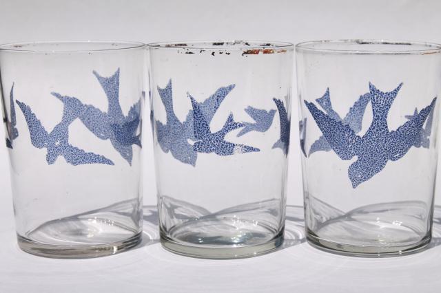 antique glass tumblers, vintage drinking glasses w/ bluebirds or flying swallow birds in blue