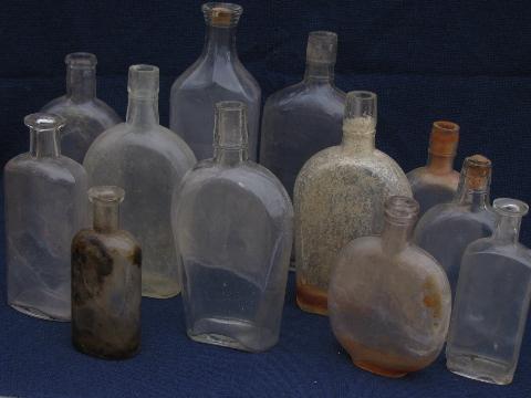 antique glass whiskey and old patent medicine bottles, vintage bottle lot
