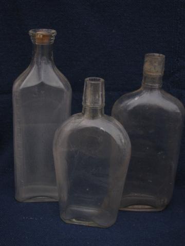 antique glass whiskey and old patent medicine bottles, vintage bottle lot