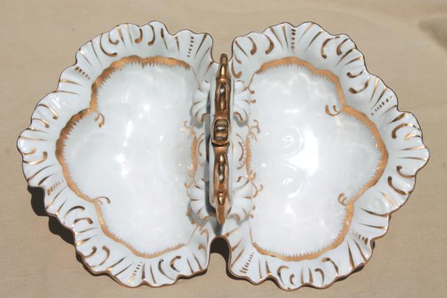 antique gold encrusted white porcelain divided dish, china double bowl w/ center handle