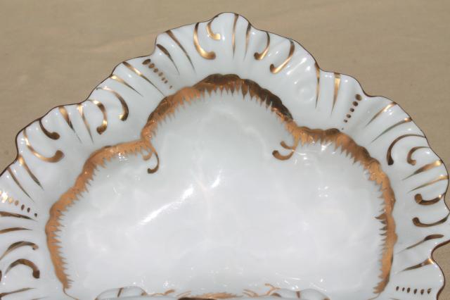 antique gold encrusted white porcelain divided dish, china double bowl w/ center handle